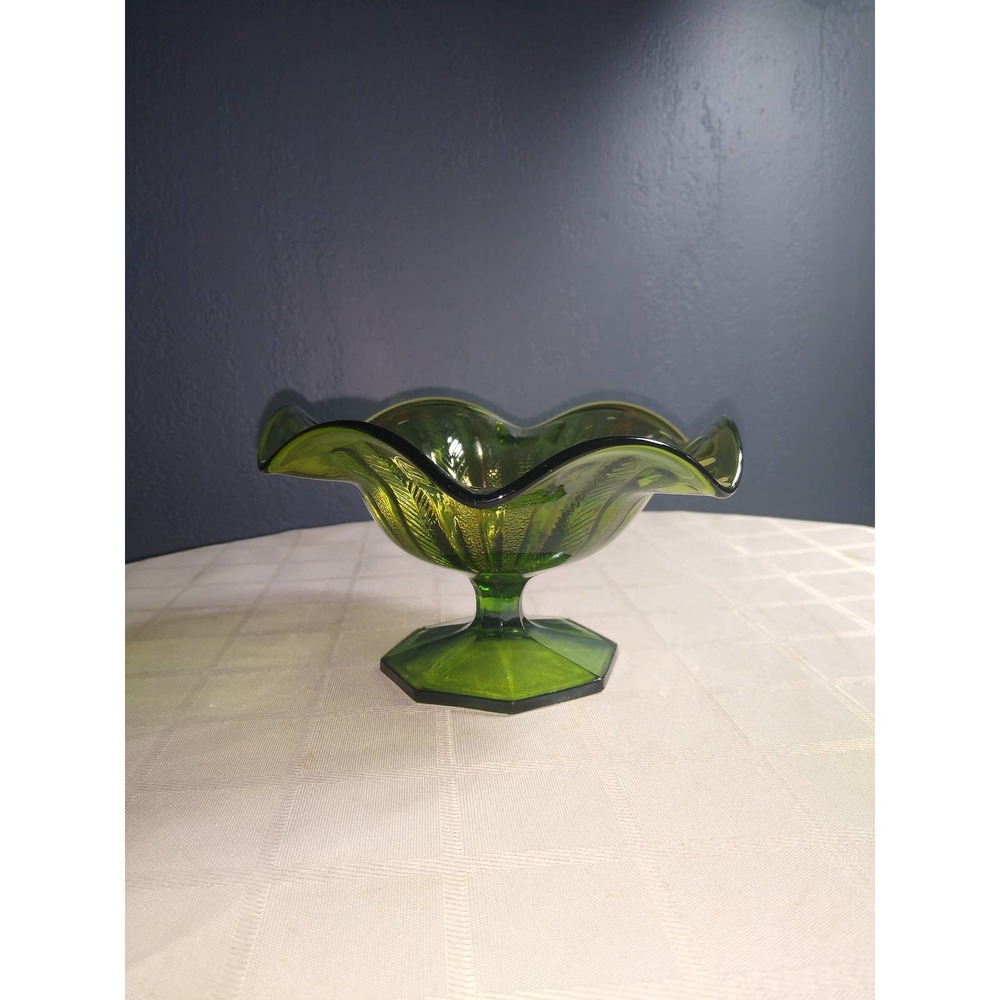 Millersburg Green Radium Glass Peacock Tail Compote